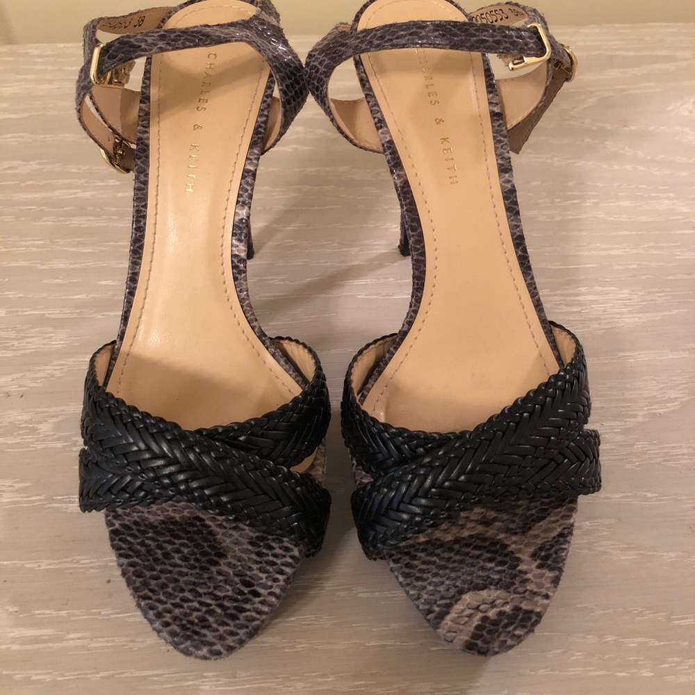 Leather and embossed snakeskin sandals
